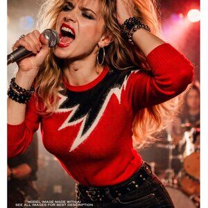 Vintage Fortina Angora Accents Sweater M Oversize Puff Shoulder Red Punk Vamp